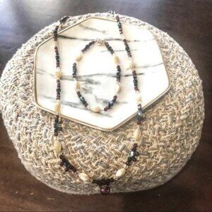 Handmade Women's Beaded Burgundy Red‎ and White Necklace and Bracelet Set